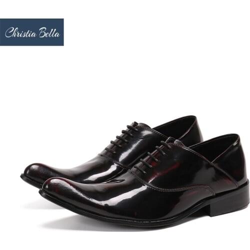 Christia Bella Solid Genuine Leather Men Oxford Shoes Pointed Toe Business Party Brogue Shoes Male Lace Up Dress Shoes Big Size