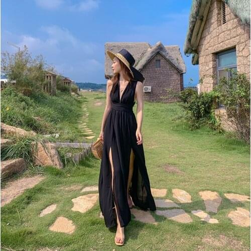 Halter V-Neck Vintage Black Chiffon Dress Womens Summer 2021 New Fashion Thin Beach Seaside Vacation Super Fairy Long Skirt A732