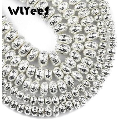 WLYeeS Natural Stone Silver volcanic Lava Hematite Beads 6 8 10mm Flat Round Loose Beads DIY Necklace Bracelet Jewelry Making