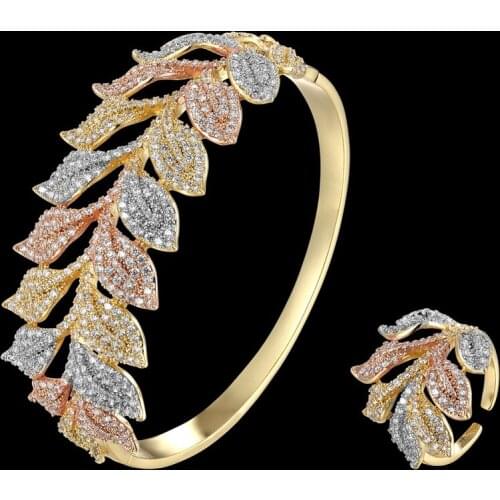 Zlxgirl jewelry New arrival leafs shape women size wedding bangle and ring jewelry sets perfect mirco pave copper bracelet anels