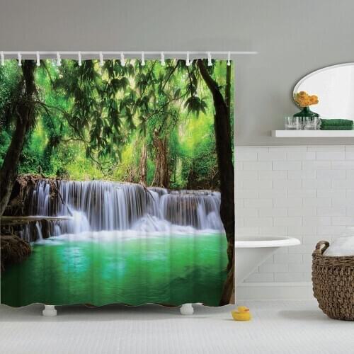 Dafield Waterfall Shower Curtain Nature Scenery Foliage Mountains an Rocks View Print Waterproof Polyester Fabric