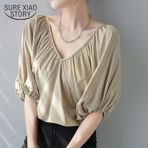 V-neck Pleated Short Sleeve Womens Clothing Korean Fashion Loose Chiffon Shirt Summer Lace-up Casual Blouse Blusas Mujer 15635