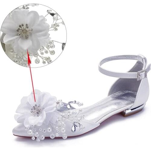 2021 New Flowers Pointed Toe Wedding Flats For Bride Ankle Strap Ballerians Women Shoes Satin Party Casual Flat Summer