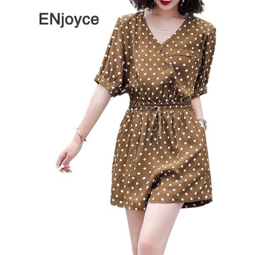 Summer Vintage Dots V Neck Jumpsuits for Women Korean Fashion High Waist Shorts Jump Suits Clothes Casual Loose Bodysuits