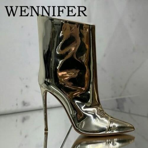 2021 Metallic Sheen Mirror Leather Women Boots Pointy Stiletto Heels Mid-Calf Boots Nightclub Party Dress Thin Heels Botas Mujer