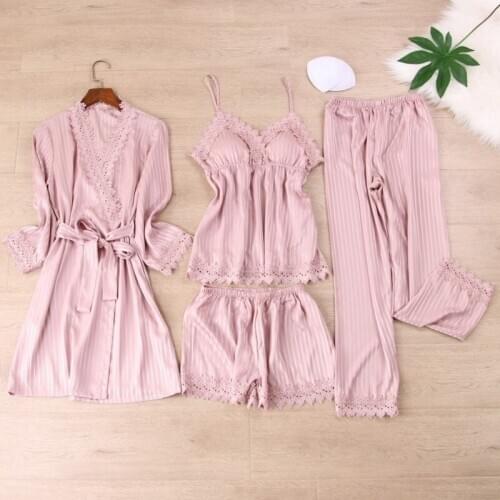 Simulated Silk Pajamas Ladies Four-piece Straight Lace Home Service Spring and Summer New Simple Sling Nightdress with Chest Pad