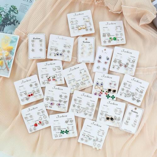 7 pairs/set new mixed style star heart crown cat leaf apple earrings elegant lmitation pearl rhinestone stud earrings for women