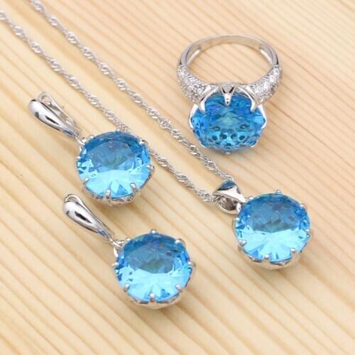 925 Silver Jewelry Sets For Women Engagement Gift Sky Blue Cubic Zirconia Natural Stones Pendant Necklace Ring Earrings