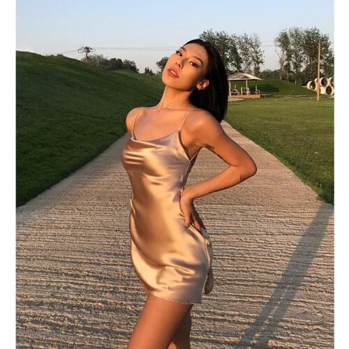 Sexy Dresses Party Night Club Dress 2021 Blue Open Halter Satin Slit Mini Dress Women Summer Silk Spaghetti Strap Sundress