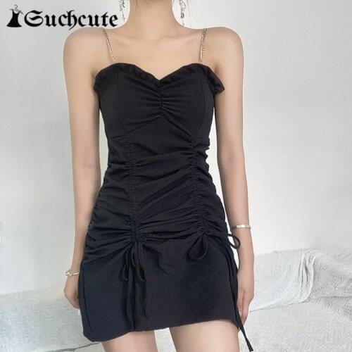 SUCHCUTE Chic Chain Strap Women Mini Dress Summer Streetwewar Fashion Drawstring Bodycon Dresses Sexy Sleeveless Party Clubwear