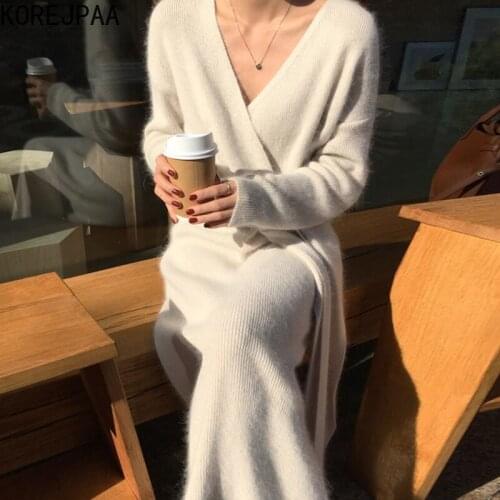 Korejpaa Women Dress 2021 Autumn Korea Elegant Temperament Ladies V-Neck Cross Side Straps Waist Solid Color Knitted Vestidos