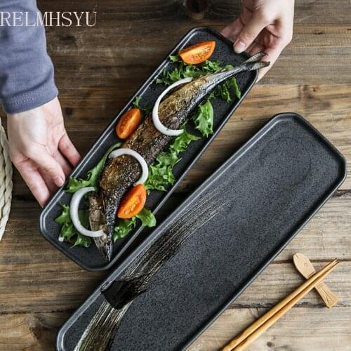 1PC RELMHSYU Japanese Style Ceramic Retro Rectangle Distressed Hand-painted Long Sushi Sashimi Food Plate Dinner Plate