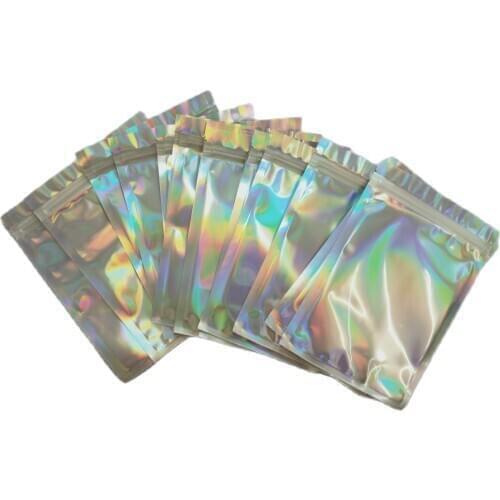 100 pcs Zip lock Bags Pouches Cosmetic Plastic Iridescent Bags Holographic Makeup Bags Hologram Zipper Bags