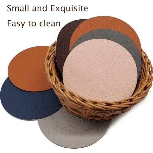 4 pcs 10 cm Double-sided leather waterproof coaster 10cm round coaster for household use