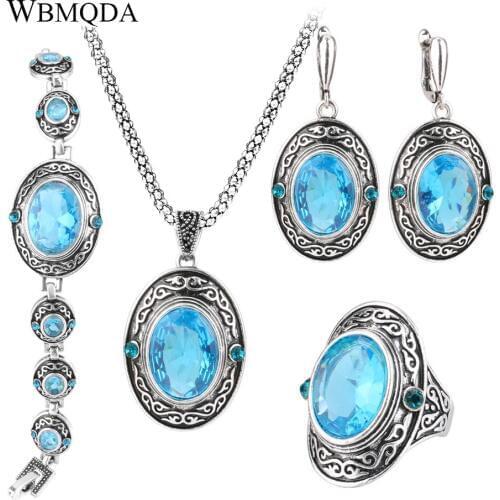 4Pcs/Lot Women Vintage Jewellery Sets Antique Silver Color Retro Pattern Fashion Blue Oval Ring Wedding Jewelry Crystal Gift