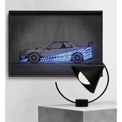 Abstract Canvas painting nissan Skyline r34 wall art, neon print poster street graffiti fast and furious living room Home Decor