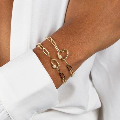 Gold Color Paper Clip Chain Heart Rectangle Toggle Clasp Simple European Women Girl Chain Bracelet