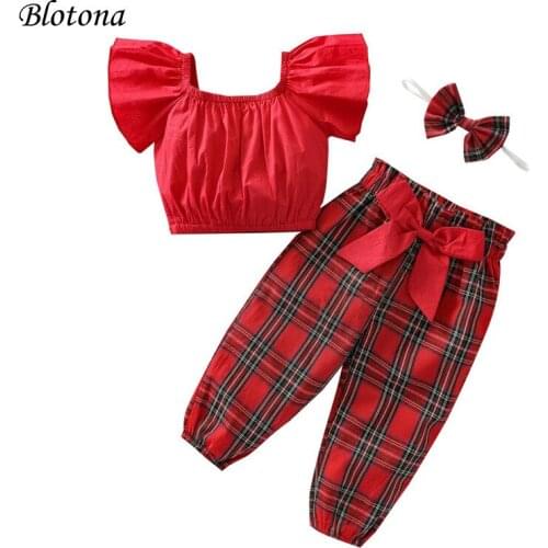 Blotona Baby Short Sleeves Long Pants Suit, Girls Christmas Plaid Clothes Set, Square Collar Outfits with Headband, 0-24Months