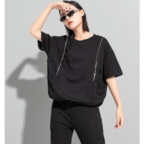 Ladies summer new classic dark street personality zipper loose casual large short sleeve T-shirt