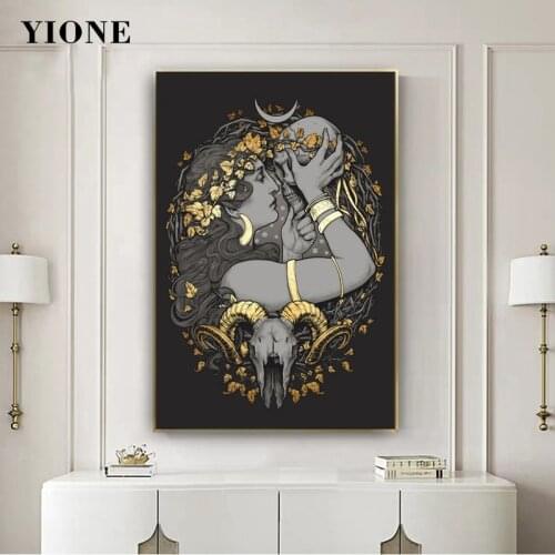 Gothic Goddess Skull Horn Vine Art Character Canvas Painting Black Figure Mythology Poster Wall Picture Prints Room Decoration