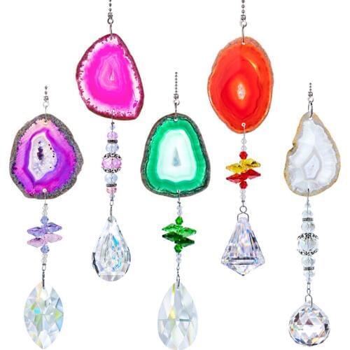 H&D Crystal With Agate Slices Wind Chimes Colorful Crystal Pendants Suncatcher Prisms Hanging Ornament Decor for Window Home