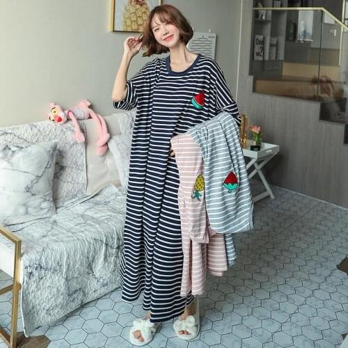 Cotton Striped Nightgown M-6XL Women Short Sleeve Nightdress Casual Home Gown Summer New Long Sleepwear Loose Robe Homewear
