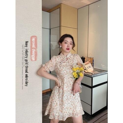 Chinese Dress Thin Floral Bubble SleeveQipao Dresses Print Cheongsam Dress Ladies Cheongsams Mini Qipao Robe Chinoise Summer