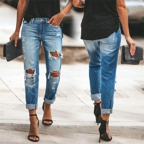 Trend Hole Ripped Women Skinny Streetwear Jeans Fashion Summer Mid Waist Stretch Destroyed Denim Pants Ladies Distressed Jeans