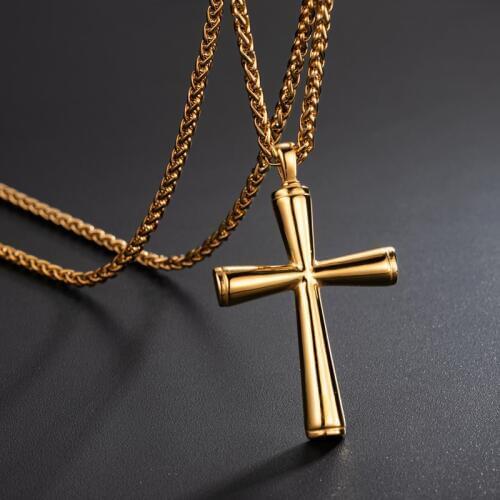 Valily Mens Simple Cross Pendant Necklace Stainless Steel Punk Fashion Christian Gold Cross Necklace Jewelry for Man Women