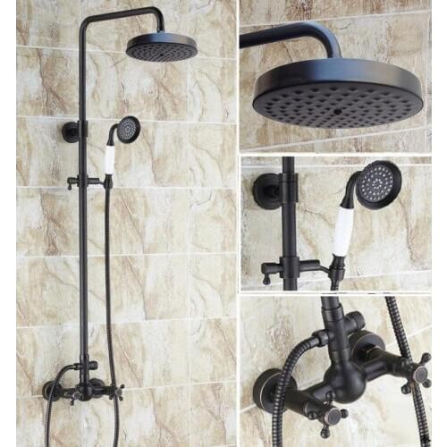 Black Oil Rubbed Bronze Bathroom Rainfall Shower Faucet 7.7" Round Shower Head Set Mixer Tap Two Cross Handle ars415