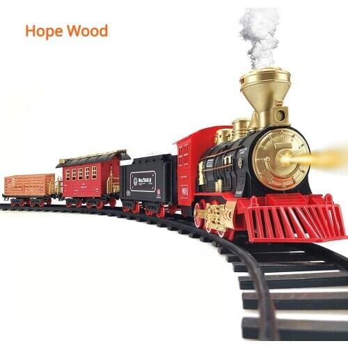 Hope Wood Electric Train Toy for Boys w/ Smokes Lights & Sound Railway Kits w/ Steam Locomotive Engine Cargo Cars Tracks