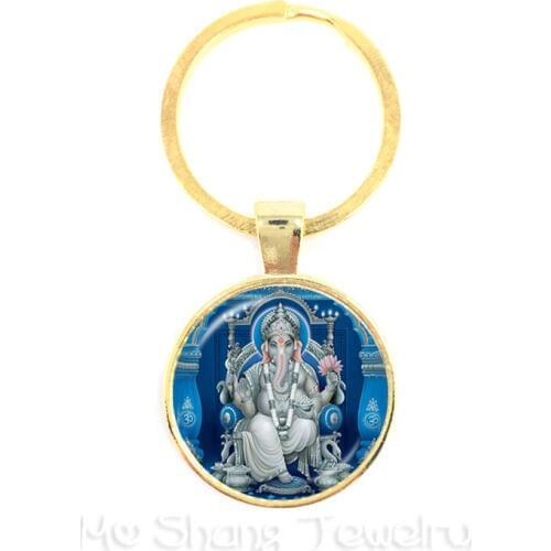 2018 New Trendy 25mm Ganesha Buddha Elephant Glass Dome Keychains Handmade Men Jewelry Car Key Holder Souvenir For Gift