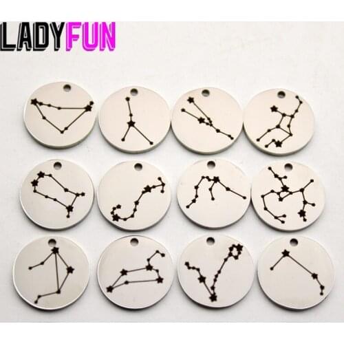 Stainless Steel Bracelet Pendant 15mm Zodiac Charm12pcs/set High Polish Mirror Surface Pendant