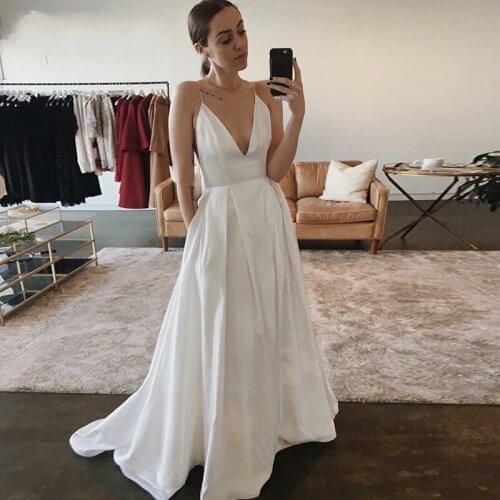 Simple V Neck Wedding Dress 2020 Spaghetti straps Sexy Satin Wedding Gown vestido de noiva custom made plus size