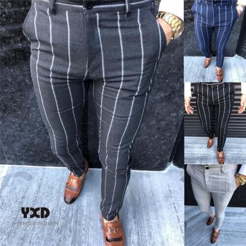 Drop shipping Clothing Mens Fashion Stripe Social Pants Casual Slim Fit Business Elastic Long Trousers Male Cotton Party Button