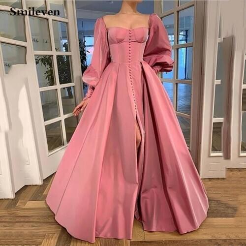 Smileven Pink Corset caftan Evening Dresses Puff Long Sleeve Arabic Special Occasion Dresses Side Split Evening Party Gowns