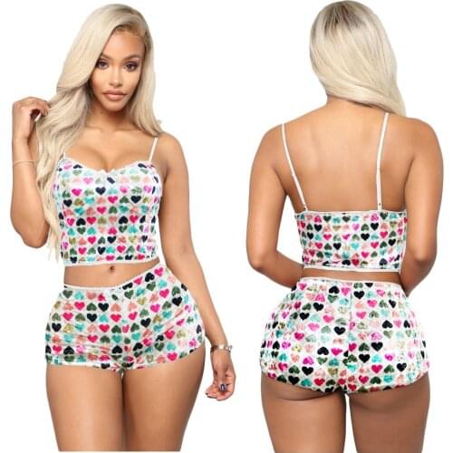 S-2XL summer 2021 2 piece set women clothing sexy casual print sling short sleeve top and shorts two piece outfit Dropshipping