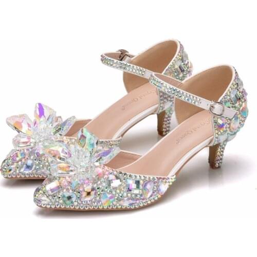 Crystal Queen 5CM Pointed Toe Bride Wedding Shoes Cinderella Prom Pumps Ankle Strap Buckle Shoes Rhinestone Mary Janes High heel