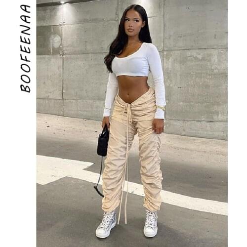 BOOFEENAA Streetwear Fashion Drawstring Sweatpants Autumn 2021 Women Joggers V Waist Low Rise Stacked Pants Trousers C83-DC24