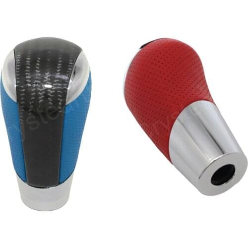 Blue Red Universal Leather Carbon Fiber Car Vehicles Manual or Automatic Gear Shift Knob MT 5 6 Speed Gearstick Shifter Lever