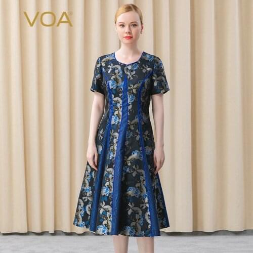 VOA 40m/m Silk Yarn Dyed Jacquard Peach Heart Collar Blue Silk Hemmed Contrast Stitching Short Sleeve Mid Length Dress AE588