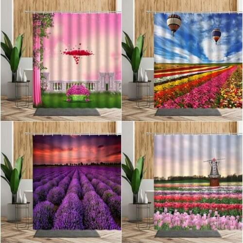 3D Purple Lavender Shower Curtain Dream Flowers Manor Photography Background Bathroom Partition Waterproof Fabric Bath Curtains