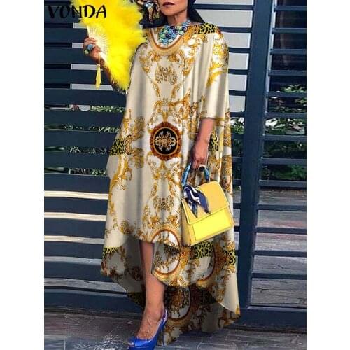 VONDA 2021 Women Dress 3/4 Sleeve Robe Femme Vintage Printed Holiday Party Dress Irregular Hem Long Vestidos Oversized
