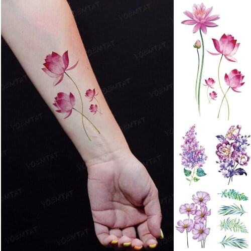 Transl Temporary Tattoo Sticker Woman Girl Lotus Line Watercolor Flower Plant Peony Rose Flash Tatoo Arm Body Art Fake Tatto Man