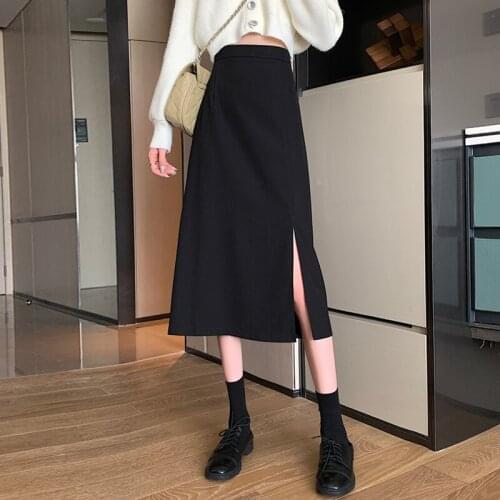 Woman skirts Spring 2021 new all-match high-waisted thin mid-length A-line skirt drape side slit skirt women