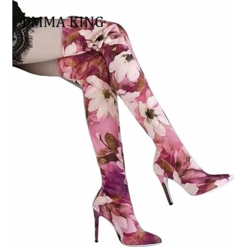 2021 Spring Women Flower Patchwork Over The Knee Boots Elastic Stretch Boots Sexy Pointy Toe Sock Botas De Mujer Size 35-44