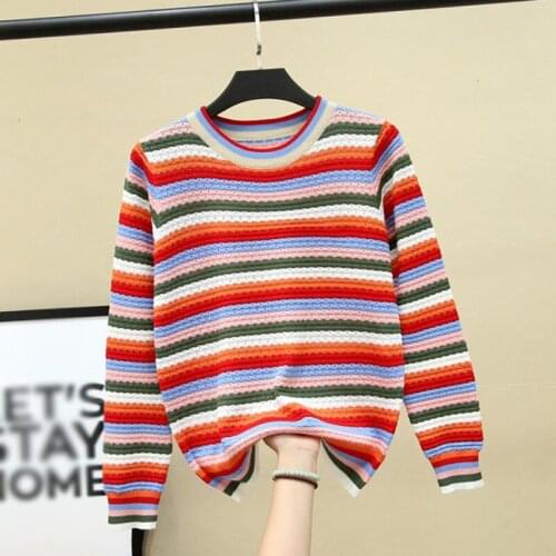 Colorful Stripes Print Women Sweater Autumn Winter Korean Slim Long Sleeved Crewneck Bottom Knit Jumpers Pullover