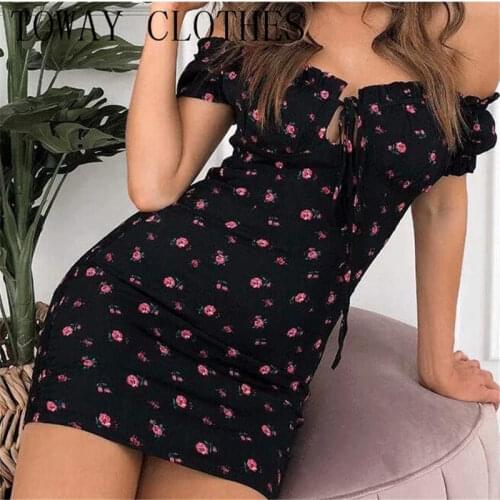 Women Summer Floral Dot Print Square Neck Mini Dress Lady Sexy Casual Short Sleeve Dress