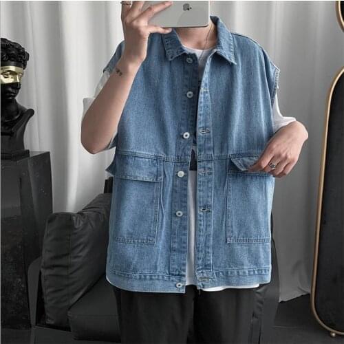 2020 New Mens Denim Vest Fashion Casual Classic Style Loose Waistcoat Vest Jean Jacket Coat Male Blue Black Sleeveless Jacket