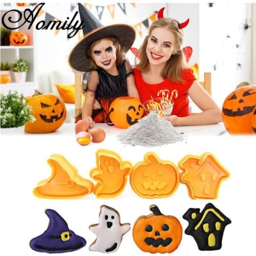 Aomily 4pcs/Set Halloween Series Plunger Mold Cake Decorating Tool Biscuit Cookie Cutters Cupcake Mould Fondant Pastry Cutters